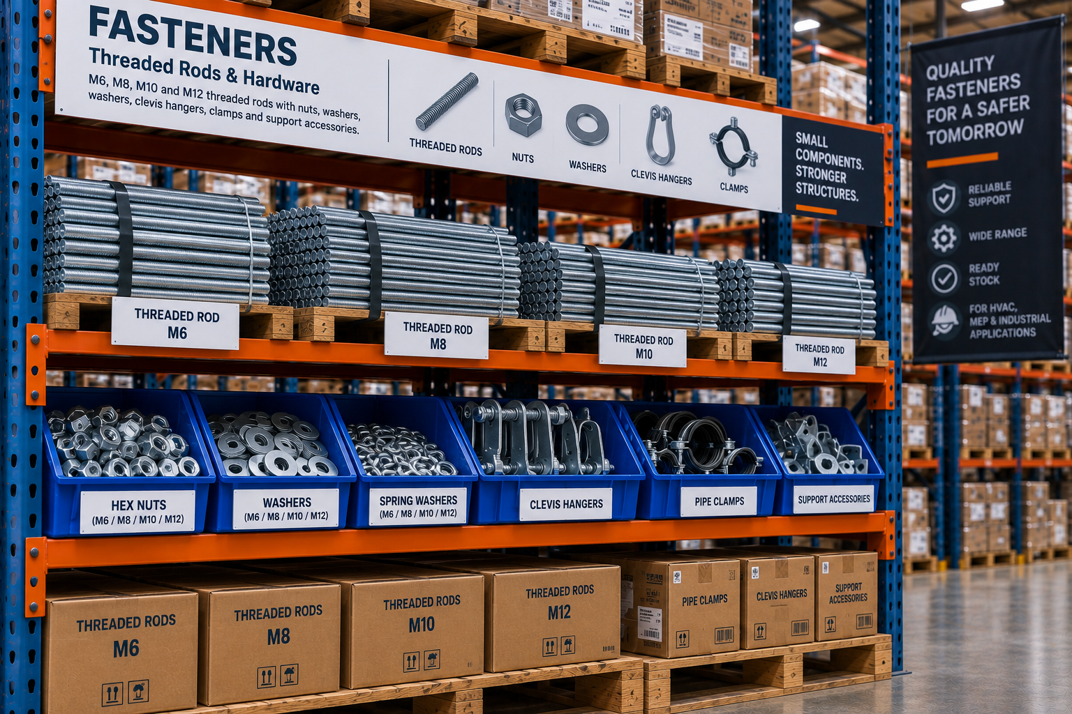 Threaded rods, nuts and washers